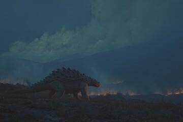 Guarding the volcanic landscape at twilight, a prehistoric creature stands vigil over an active eruption site under a smoky sky