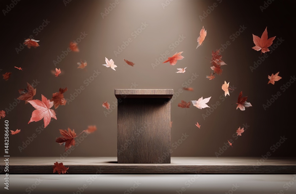 Poster leaves falling into a wooden box creating a serene autumn atmosphere in a controlled setting