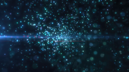 Blue bokeh lights on a dark background, creating a deep, serene, and futuristic ambiance with a cosmic touch
