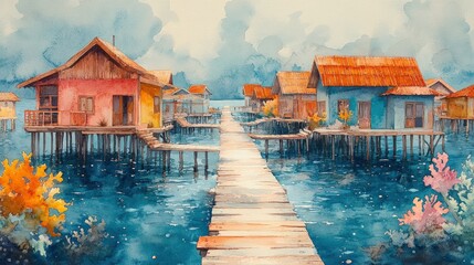 Fototapeta premium Colorful waterfront houses on stilts. Wooden walkways over calm water