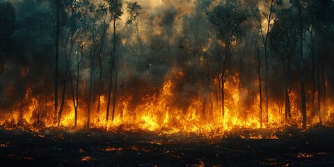 Devastating heatwave-induced wildfire starting in a dry forest with smoke and flames visible