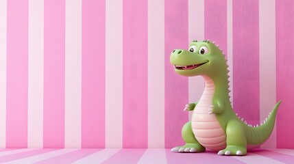 3D render of a cute green toy alligator stands against a pink and white striped background.