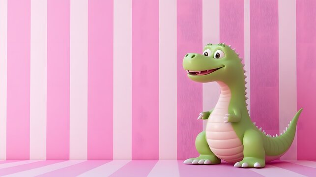 Fototapeta 3D render of a cute green toy alligator stands against a pink and white striped background.