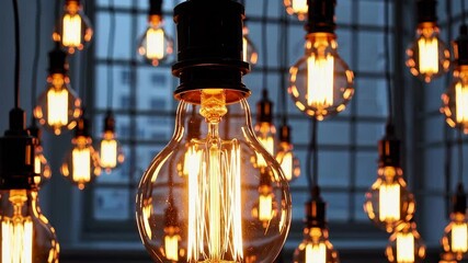 Warm glowing vintage light bulbs hanging in industrial space, soft amber tones, cozy atmosphere, retro interior lighting design concept for decoration - Powered by Adobe