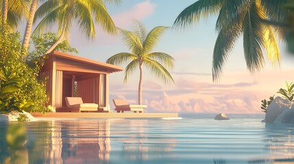 Fototapeta premium 3D render of a tranquil tropical retreat featuring a wooden pavilion overlooking calm waters and palm trees.