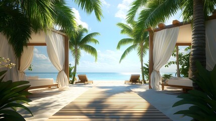 Fototapeta premium 3D render depicts a serene beachside scene with palm trees, wooden walkways, and shaded lounge chairs.