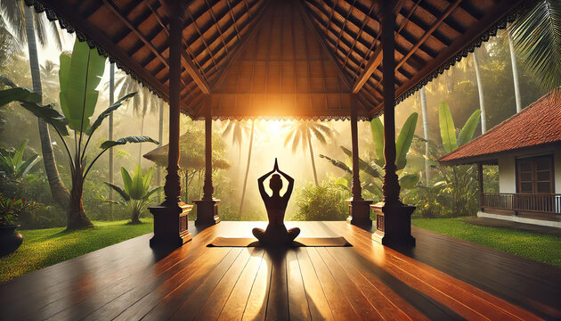 An image of a woman practicing yoga in a traditional open-air pavilion in the morning
