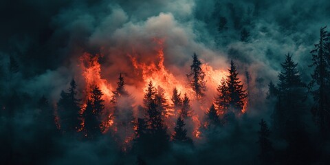 A forest fire engulfing trees in flames with dramatic color grading for a cinematic effect
