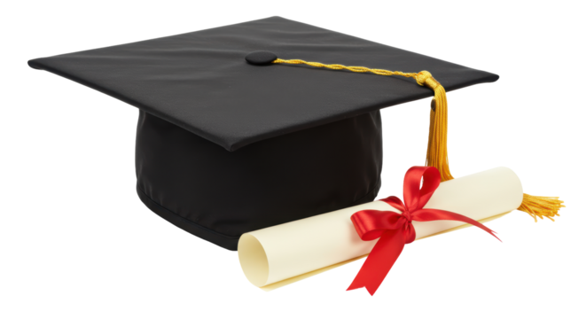 Isolated Graduation Cap and Diploma with Red Ribbon for Education