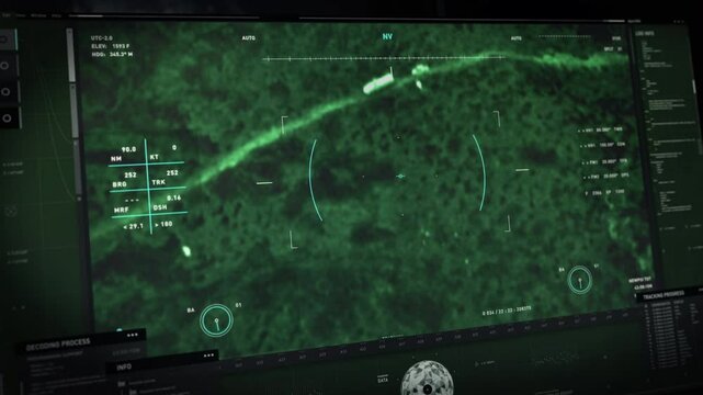 Drone is examining the warfare zone using night vision. Warfare drone is searching for the target using night vision. Warfare drone destroys the terrorist vehicles using night vision rocket system