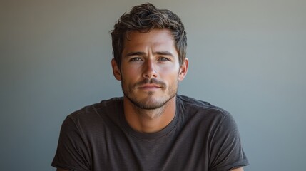 Fototapeta premium Portrait of a Handsome Man with Brown Hair and a Serious Expression