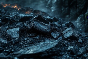 Fototapeta premium Ultra-realistic close-up of rugged black coal piles, industrial texture background with depth, dark natural material for energy and heavy industry themes