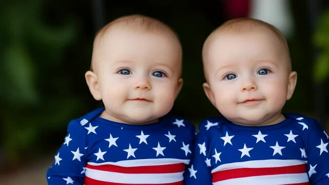 Adorable twin babies in star-spangled outfits, celebrating patriotic themes Caucasian infants Americana sibling bond