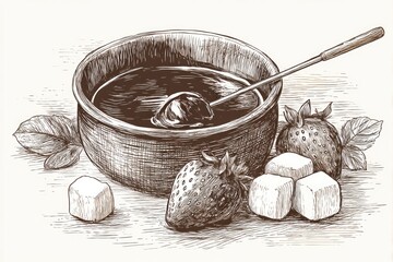 Strawberry Jam Sketch Sweet Preserve with Summer Flavor, and Rustic Style.