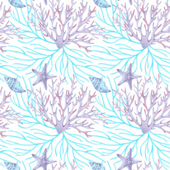 Marine branched coral, starfish and shell. Watercolor illustration. Seamless pattern of underwater animals. Hand drawn isolated art. Background for fabric, bedding, pillows, baby products, swimsuit