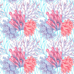 Marine seamless pattern with tubular, branched, lacy corals and seaweeds. Watercolor illustrations. Reef scene with flora and fauna elements. Hand drawn isolated art for fabric, textile, packaging