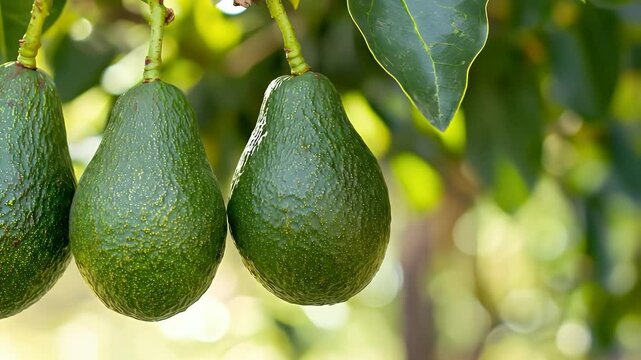 Ripe Green Avocados Hanging from Tree Branch in Natural Sunlight with a Soft Bokeh Background