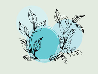 Fototapeta premium Elegant Black Line Art Botanical Illustration with Teal Watercolor Circles