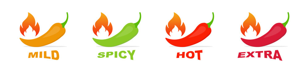 Spicy chili pepper level indicator. Spicy food level labels mild, medium or hot sauce. Hot pepper scale with fire. Vector illustration.