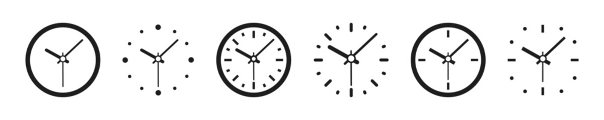 Clock face vector icon set. Line time sign. Mechanical clocks template. Watches with thin dials indicators and arrows. Vector illustration.	
