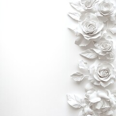 Elegant white roses and leaves arranged on a blank backdrop.  Detailed 3D flowers and foliage in a minimalist design