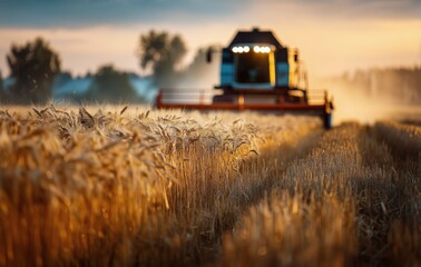 Fototapeta premium Harvesting Wheat at Sunset in a Rural Farmland Setting