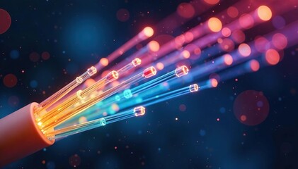 Close-up of optical fiber strands, showcasing their intricate structure and light transmission properties , bandwidth, refractive index, light transmission