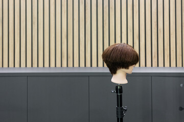 Mannequin head with artificial hair used by beauty student to learn precision haircutting and...