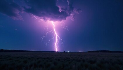 Dramatic bolt of lightning striking a dark landscape at night , element, weather