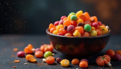 A colorful assortment of Halloween candy in a spooky bowl , taffy, spooky season, sweet