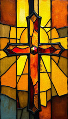 Cross . Colorful stained glass window. Multicolored interior design template. Oil painting