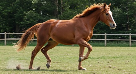 Fototapeta premium Chestnut Horse Galloping, Summer Pasture Freedom