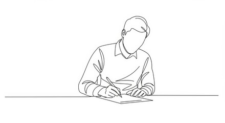 Single Line Drawing of a Person Concentratedly Writing at a Desk