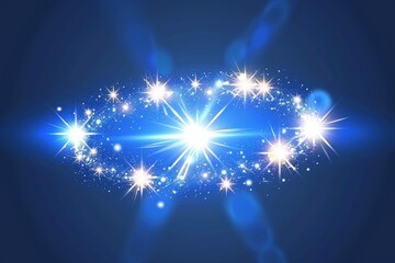 A glowing cluster of bright, sparkling stars and light bursts on a deep blue background.