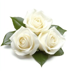 Three pristine white roses with lush green leaves, arranged in a delicate cluster against a white backdrop