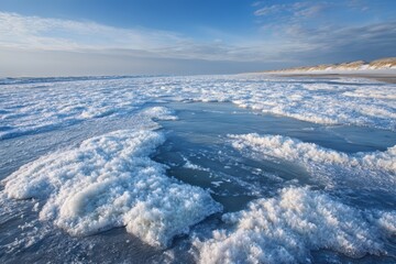 Obraz premium Winter Beach Panorama with Frozen Tidal Pools and Snowy Rocks, Serene Arctic Landscape