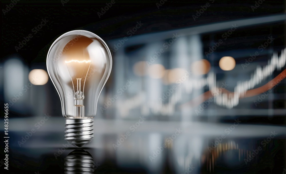 Poster light bulb symbolizes innovation in business with graphs indicating growth in an office setting