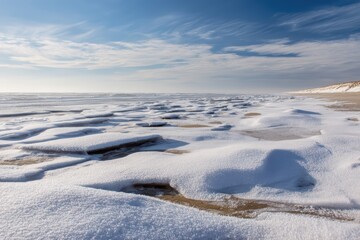 Obraz premium Snow - Covered Beach with Icy Patches and Choppy Ocean Waves.