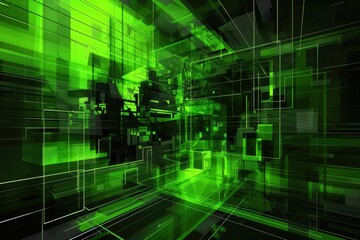 Obraz premium Futuristic digital green abstract cityscape with geometric shapes and glowing lines.