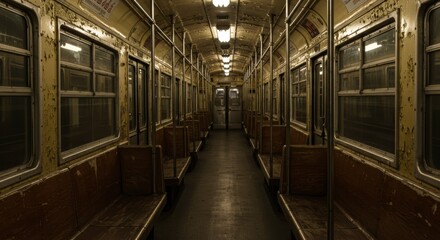 Obraz premium Empty vintage subway train interior with worn seats and peeling paint