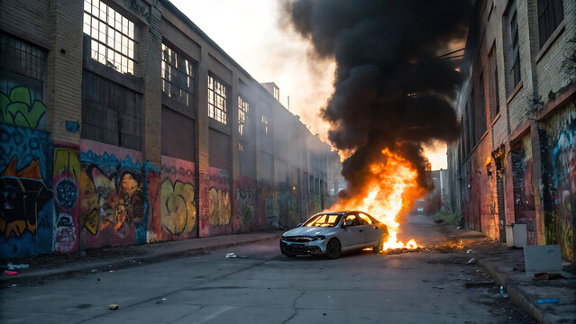 Burning Car in Urban Alleyway Graffiti, Smoke, and Destruction