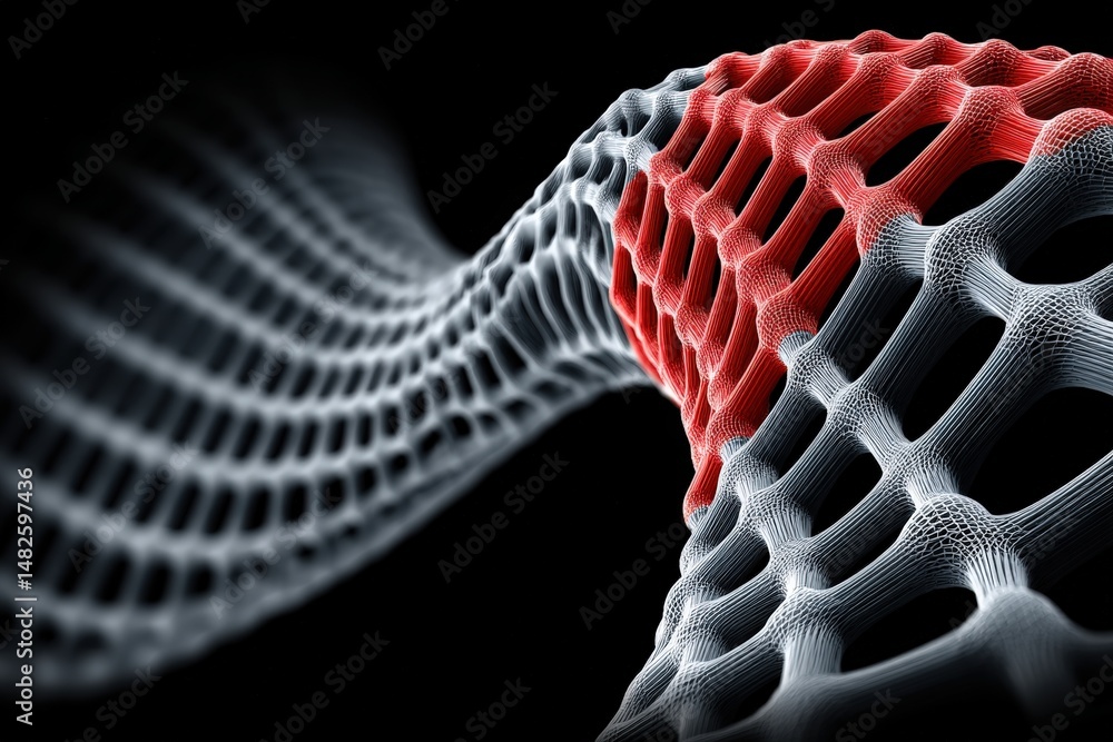 Poster futuristic mesh structure with a flowing, wave-like pattern in white and red on a black background.