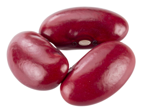 Three red kidney beans forming a triangle on transparent background