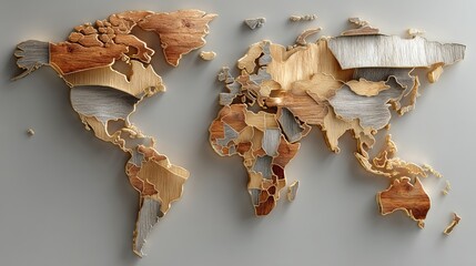 World map crafted from various wood types.  Different shades and textures of wood represent countries/continents
