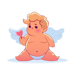 Cute Plump Cupid Sitting with Heart – Flat Vector Angel Illustration for Valentine’s Day and Love Themes