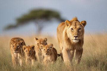 Naklejka premium Adult Lioness with Three Lion Cubs Walking in the Grassland.