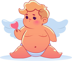 Cute Plump Cupid Sitting with Heart – Flat Vector Angel Illustration for Valentine’s Day and Love Themes
