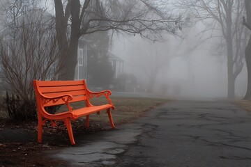 Lone orange bench in foggy park landscape  
