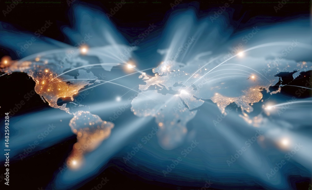 Poster global connectivity network illustrating data flows across continents and major cities in real time