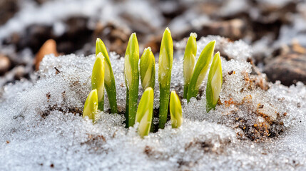 Snowdrops Emerging From Snow in Early Spring Sunlight